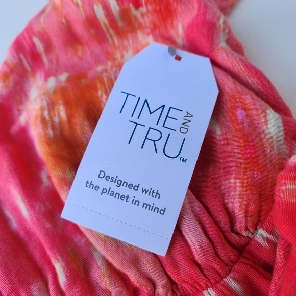 NWT Time Tru Empire Comfort Flutter Sleeve Ikat Floral Midi Dress Pink Orange XS - Picture 8 of 15